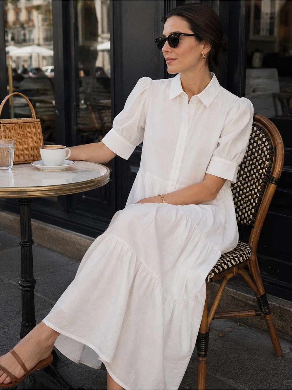 Linen Blend White Button-Front Tiered Midi Cottagecore Dress Crown & Ivy S - Picture 1 of 7